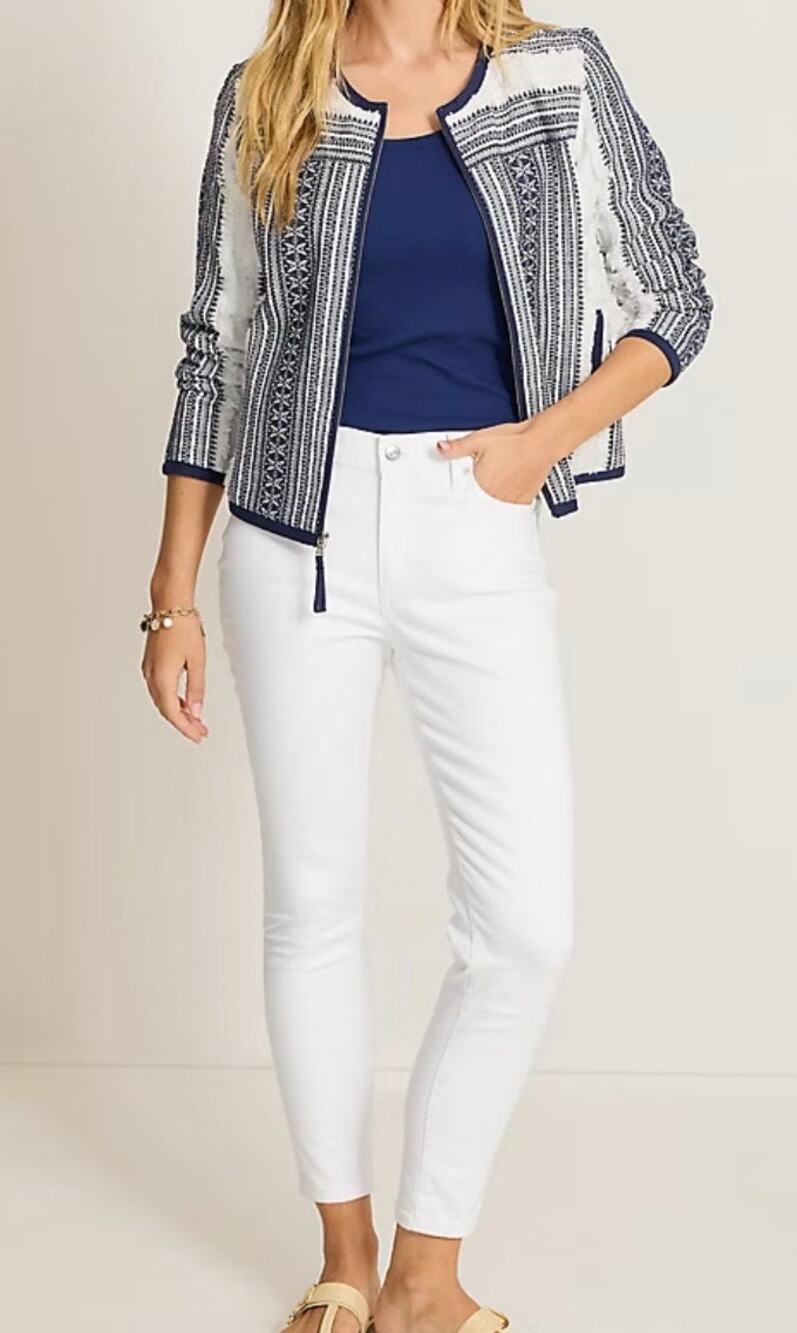 NWT Tommy Bahama Ella Twill High Rise Ankle Jeans Glitter Trim White Size 6